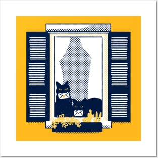 Windowsill cats - Black cat duo on a tipical italian window in a "Milano yellow" building holding le Posters and Art